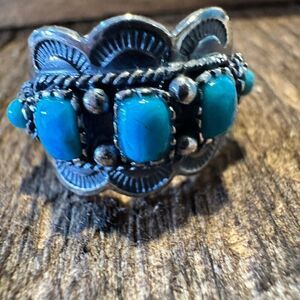 Native American Artisan Cuff Ring in Sterling Silver & Turquoise - Unique Gift